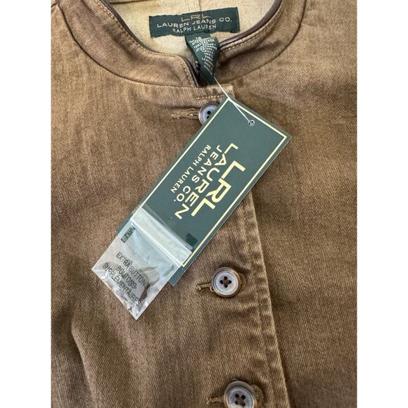 Ralph Lauren RLR Stretch Denim Jacket Camel SZ 16 Sheep Leather Trim Mandarin - Picture 3 of 16